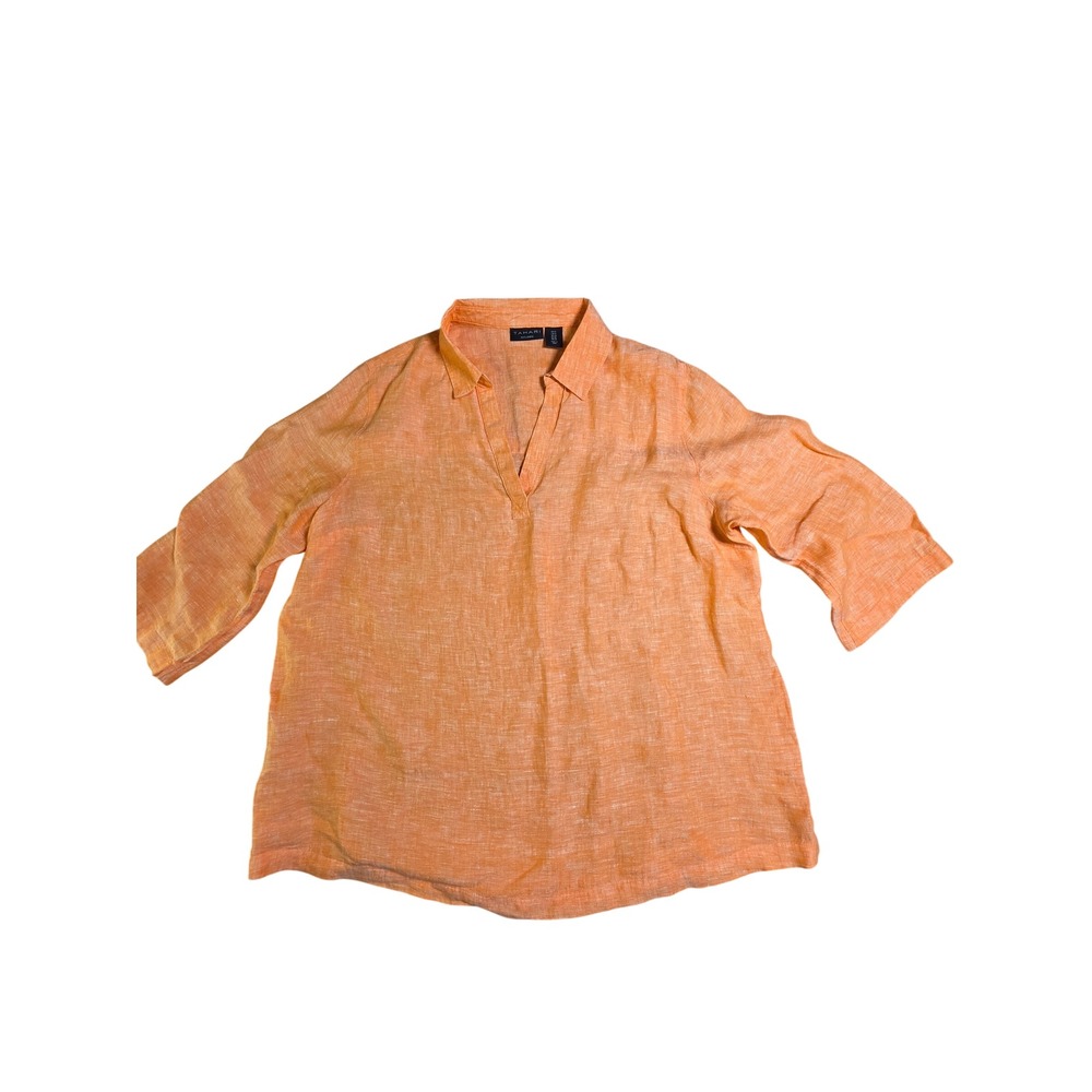 Tahari Womens 1X Orange 100% Linen V-Neck 3/4 Sleeve Button Back Tunic Top